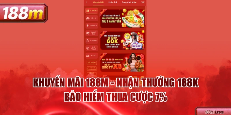 Khuyến Mãi 188M - Nhận Thưởng 188K, Bảo Hiểm Thua Cược 7%